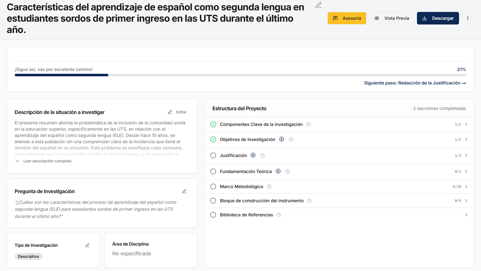 O Hub de Projeto da Tutoeris organiza os componentes do Capítulo I: descrição da situação, pergunta de pesquisa, objetivos, justificativa, fundamentação teórica e marco metodológico.