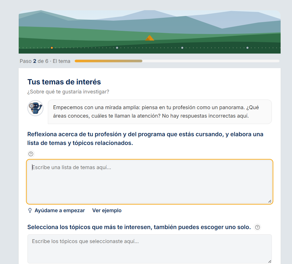 Nuevo onboarding de Tutoeris: Paso 2 "Tus temas de interés", con el avatar de Tut y los campos para listar temas y tópicos.