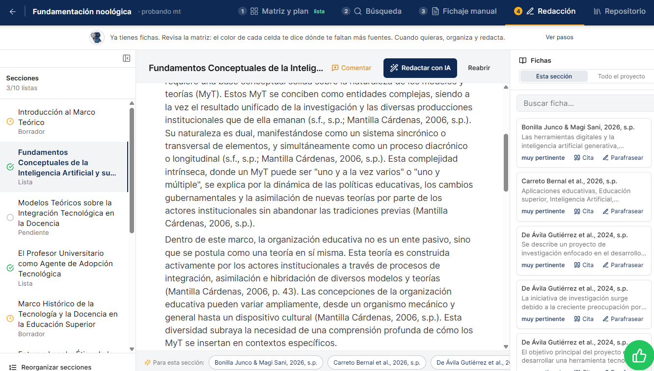 Marco teórico con inteligencia artificial: el workspace de Fundamentación Teórica de Tutoeris.